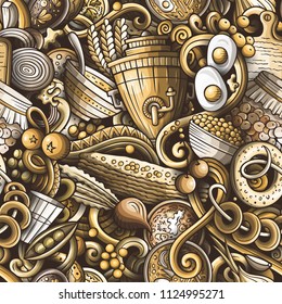 Cartoon cute doodles hand drawn Slavic food seamless pattern. Colorful detailed, with lots of objects background. Endless funny vector illustration. All objects separate.