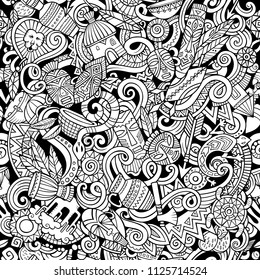 Cartoon cute doodles hand drawn Africa seamless pattern. Line art, detailed, with lots of objects background. Endless funny vector illustration. All objects separate.