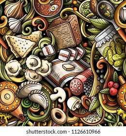 Cartoon cute doodles hand drawn Eastern Europe food seamless pattern. Colorful detailed, with lots of objects background. Endless funny vector illustration. All objects separate.