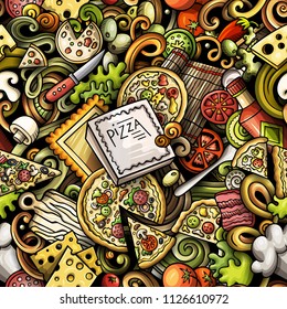 Cartoon cute doodles hand drawn Pizza seamless pattern. Colorful detailed, with lots of objects background. Endless funny vector illustration. All objects separate.