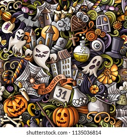 Cartoon cute doodles hand drawn Halloween seamless pattern. Colorful detailed, with lots of objects background. Endless funny vector illustration. All objects separate.