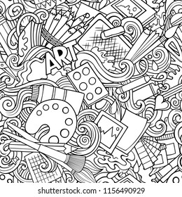 Cartoon cute doodles hand drawn Artist seamless pattern. Line art detailed, with lots of objects background. Endless funny vector art illustration. All objects separate.