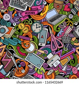 Cartoon cute doodles hand drawn Designer seamless pattern. Colorful detailed, with lots of objects background. Endless funny vector design illustration. All objects separate.