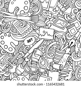 Cartoon cute doodles hand drawn Artist seamless pattern. Line art detailed, with lots of objects background. Endless funny vector art illustration. All objects separate.