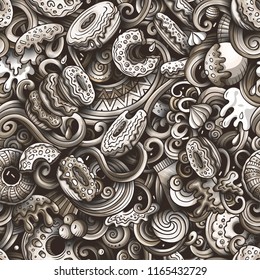 Cartoon cute doodles hand drawn Donuts seamless pattern. Monochrome detailed, with lots of objects background. Endless funny vector sweet illustration. All objects separate.