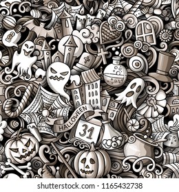 Cartoon cute doodles hand drawn Halloween seamless pattern. Monochrome detailed, with lots of objects background. Endless funny vector illustration. All objects separate.