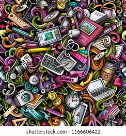 Cartoon cute doodles hand drawn Designer seamless pattern. Colorful detailed, with lots of objects background. Endless funny vector design illustration. All objects separate.