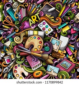 Cartoon cute doodles hand drawn Artist seamless pattern. Colorful detailed, with lots of objects background. Endless funny vector art illustration. All objects separate.