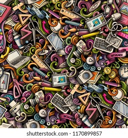Cartoon cute doodles hand drawn Designer seamless pattern. Colorful detailed, with lots of objects background. Endless funny vector design illustration. All objects separate.