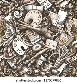 Cartoon cute doodles hand drawn Artist seamless pattern. Monochrome detailed, with lots of objects background. Endless funny vector art illustration. All objects separate.