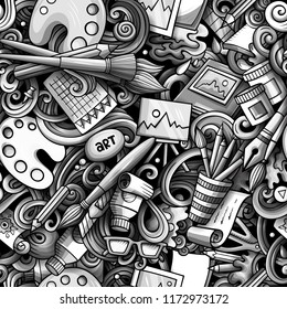 Cartoon cute doodles hand drawn Artist seamless pattern. Monochrome detailed, with lots of objects background. Endless funny vector art illustration. All objects separate.