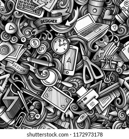 Cartoon cute doodles hand drawn Designer seamless pattern. Monochrome detailed, with lots of objects background. Endless funny vector design illustration. All objects separate.