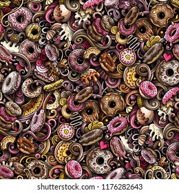 Cartoon cute doodles hand drawn Donuts seamless pattern. Colorful detailed, with lots of objects background. Endless funny vector sweet illustration. All objects separate.