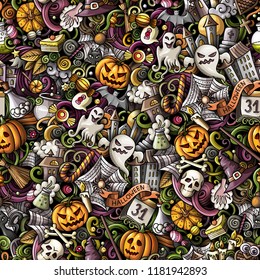 Cartoon cute doodles hand drawn Halloween seamless pattern. Colorful detailed, with lots of objects background. Endless funny vector illustration. All objects separate.