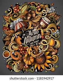 Cartoon cute doodles hand drawn Autumn frame design. Colorful detailed, with lots of objects background. Funny vector illustration. Bright colors border with Fall theme items
