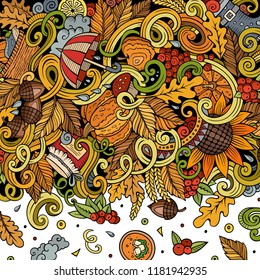 Cartoon cute doodles hand drawn Autumn frame design. Colorful detailed, with lots of objects background. Funny vector illustration. Bright colors border with fall theme items