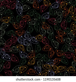 Cartoon cute doodles hand drawn seamless pattern. Color detailed, with lots of objects on a black background.
