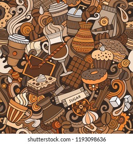 Cartoon cute doodles hand drawn Coffee Shop seamless pattern. Colorful detailed, with lots of objects background. Endless funny vector illustration. All objects separate.