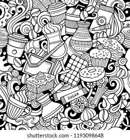 Cartoon cute doodles hand drawn Coffee Shop seamless pattern. Line art detailed, with lots of objects background. Endless funny vector illustration. All objects separate.