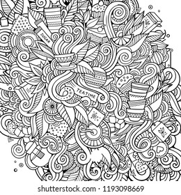 Cartoon cute doodles hand drawn Tea time illustration. Sketchy detailed, with lots of objects background. Funny vector artwork