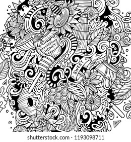 Cartoon cute doodles hand drawn Honey illustration. Line art detailed, with lots of objects background. Funny vector artwork.