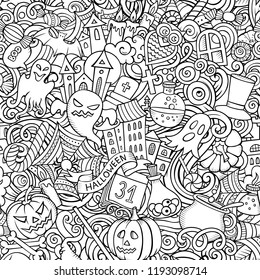 Cartoon cute doodles hand drawn Halloween seamless pattern. Line art detailed, with lots of objects background. Endless funny vector illustration. All objects separate.
