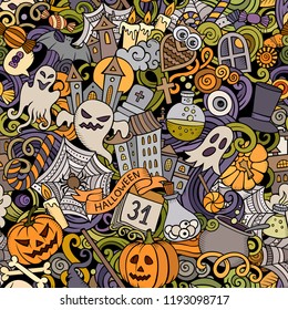Cartoon cute doodles hand drawn Halloween seamless pattern. Colorful detailed, with lots of objects background. Endless funny vector illustration. All objects separate.