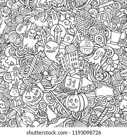 Cartoon cute doodles hand drawn Halloween seamless pattern. Line art detailed, with lots of objects background. Endless funny vector illustration. All objects separate.