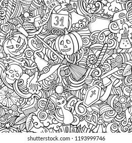 Cartoon cute doodles hand drawn Halloween seamless pattern. Line art detailed, with lots of objects background. Endless funny vector illustration. All objects separate.