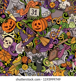 Cartoon cute doodles hand drawn Halloween seamless pattern. Colorful detailed, with lots of objects background. Endless funny vector illustration. All objects separate.