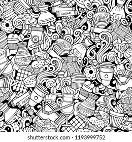 Cartoon cute doodles hand drawn Coffee Shop seamless pattern. Line art detailed, with lots of objects background. Endless funny vector illustration. All objects separate.