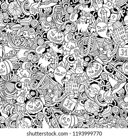 Cartoon cute doodles hand drawn Halloween seamless pattern. Line art detailed, with lots of objects background. Endless funny vector illustration. All objects separate.