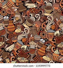 Cartoon cute doodles hand drawn Coffee Shop seamless pattern. Colorful detailed, with lots of objects background. Endless funny vector illustration. All objects separate.