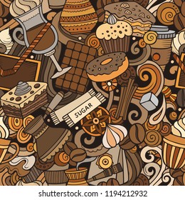 Cartoon cute doodles hand drawn Coffee Shop seamless pattern. Colorful detailed, with lots of objects background. Endless funny vector illustration. All objects separate.