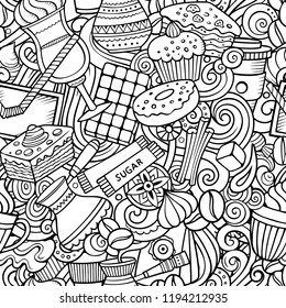 Cartoon cute doodles hand drawn Coffee Shop seamless pattern. Line art detailed, with lots of objects background. Endless funny vector illustration. All objects separate.