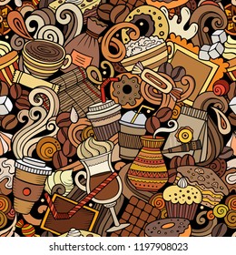 Cartoon cute doodles hand drawn Coffee Shop seamless pattern. Colorful detailed, with lots of objects background. Endless funny vector illustration. All objects separate.