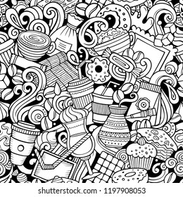 Cartoon cute doodles hand drawn Coffee Shop seamless pattern. Line art detailed, with lots of objects background. Endless funny vector illustration. All objects separate.