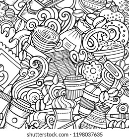 Cartoon cute doodles hand drawn Coffee Shop seamless pattern. Line art detailed, with lots of objects background. Endless funny vector illustration. All objects separate.