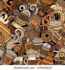 Cartoon cute doodles hand drawn Coffee Shop seamless pattern. Colorful detailed, with lots of objects background. Endless funny vector illustration. All objects separate.