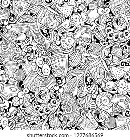 Cartoon cute doodles hand drawn Slavic food seamless pattern. Line art detailed, with lots of objects background. Endless funny vector illustration. All objects separate.