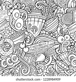 Cartoon cute doodles hand drawn Slavic food seamless pattern. Line art detailed, with lots of objects background. Endless funny vector illustration. All objects separate.