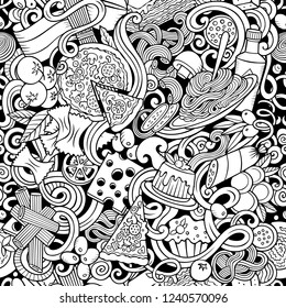 Cartoon cute doodles hand drawn Italian Food seamless pattern. Sketchy detailed, with lots of objects background. Endless funny vector illustration. All objects separate.