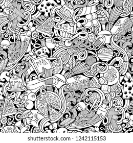 Cartoon cute doodles hand drawn Italian Food seamless pattern. Sketchy detailed, with lots of objects background. Endless funny vector illustration. All objects separate.