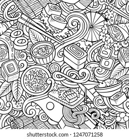 Cartoon cute doodles hand drawn Japan Food seamless pattern. Line art detailed, with lots of objects background. Endless funny vector illustration. All objects separate.