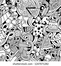 Cartoon cute doodles hand drawn Italian Food seamless pattern. Sketchy detailed, with lots of objects background. Endless funny vector illustration. All objects separate.