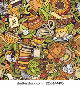 Cartoon cute doodles hand drawn Tea House seamless pattern. Colorful detailed, with lots of objects background. Endless funny vector illustration. All objects separate.