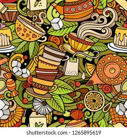 Cartoon cute doodles hand drawn Tea House seamless pattern. Colorful detailed, with lots of objects background. Endless funny vector illustration. All objects separate.