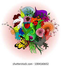 Cartoon cute doodles hand drawn illustration. Colorful detailed composition. Lots of objects. Objects drawn separately and can be moved to any composition. vector illustration