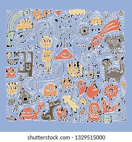 Cartoon cute doodles hand drawn grunge illustration. Line art scribble detailed, with lots of objects and lines background. Funny and crazy vector artwork