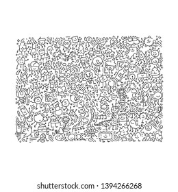 Cartoon cute doodles hand drawn grunge illustration. Line art scribble detailed, with lots of objects and lines background. Funny and crazy vector artwork